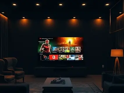 Sala de estar com televisão grande e iluminação suave
