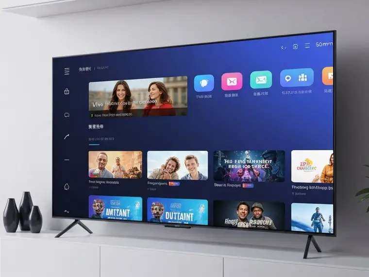 Smart TV sobre rack exibindo aplicativos