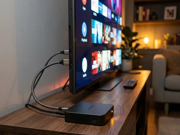 TV Box ligada embaixo da televisão